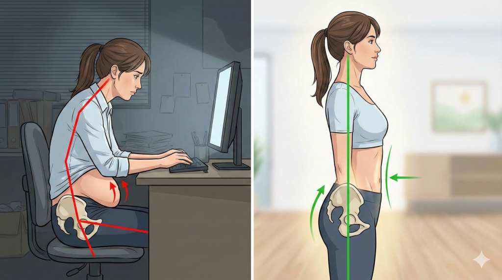 デスクワークで固まった骨盤の歪みが引き起こす下腹ぽっこりの真実